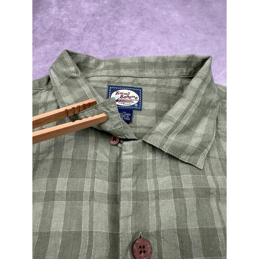 VTG Tommy‎ Bahama 100% Linen Mens XL Plaid Check Button Shirt Sage Green Classic